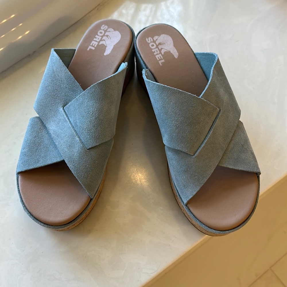 Sorel light blue platform sandals essentially new!